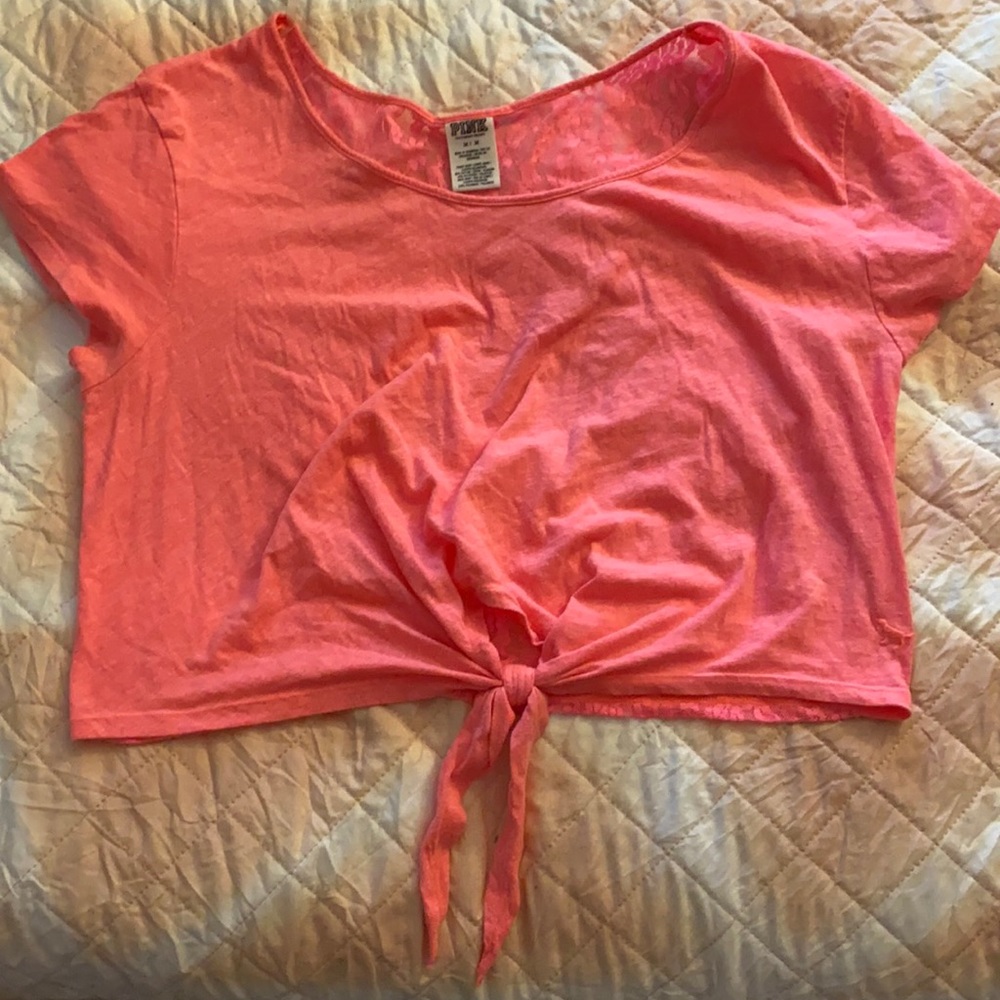 VS Pink Tie Front Lace Back Tee